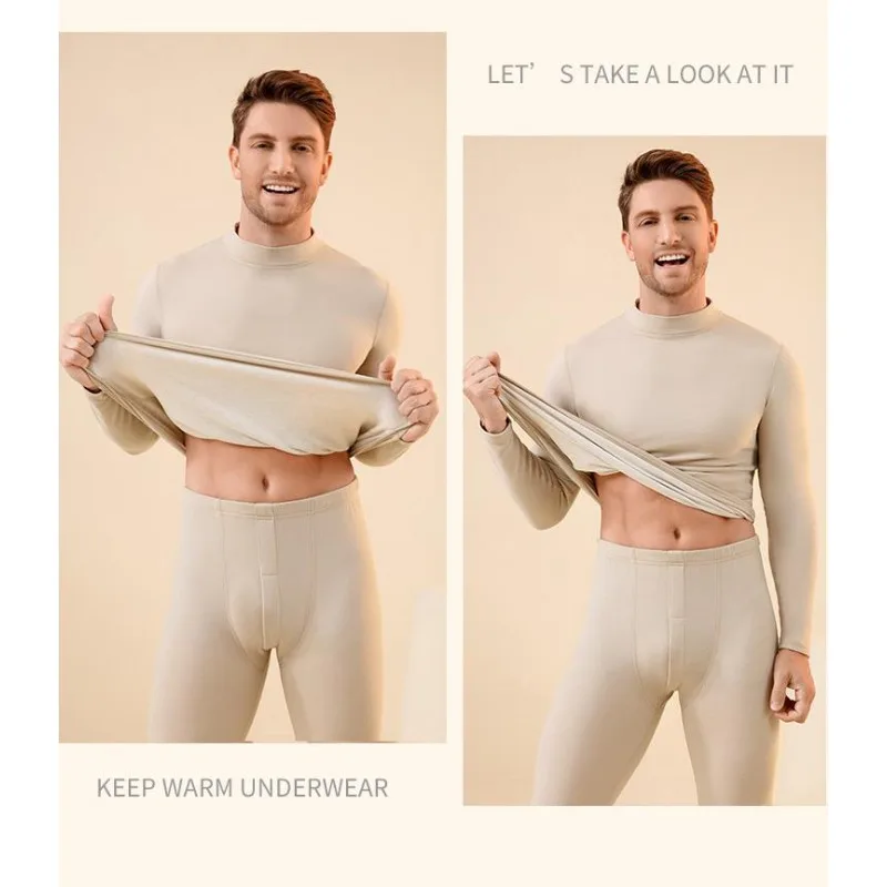 Men's Thermal Clothing Cashmere Silk Mid-Neck Thermal Underwear German Velvet Autumn Top And Bottom Fleece Thickened Set