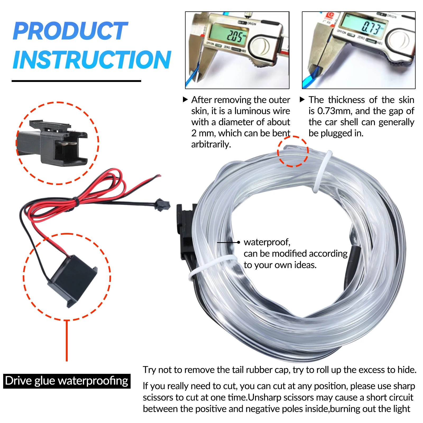 12V LED Car Interior Decoration Light EL Wiring Neon Strip For Auto DIY Flexible Ambient Light with Drive Ambient Lamp Ice Blue