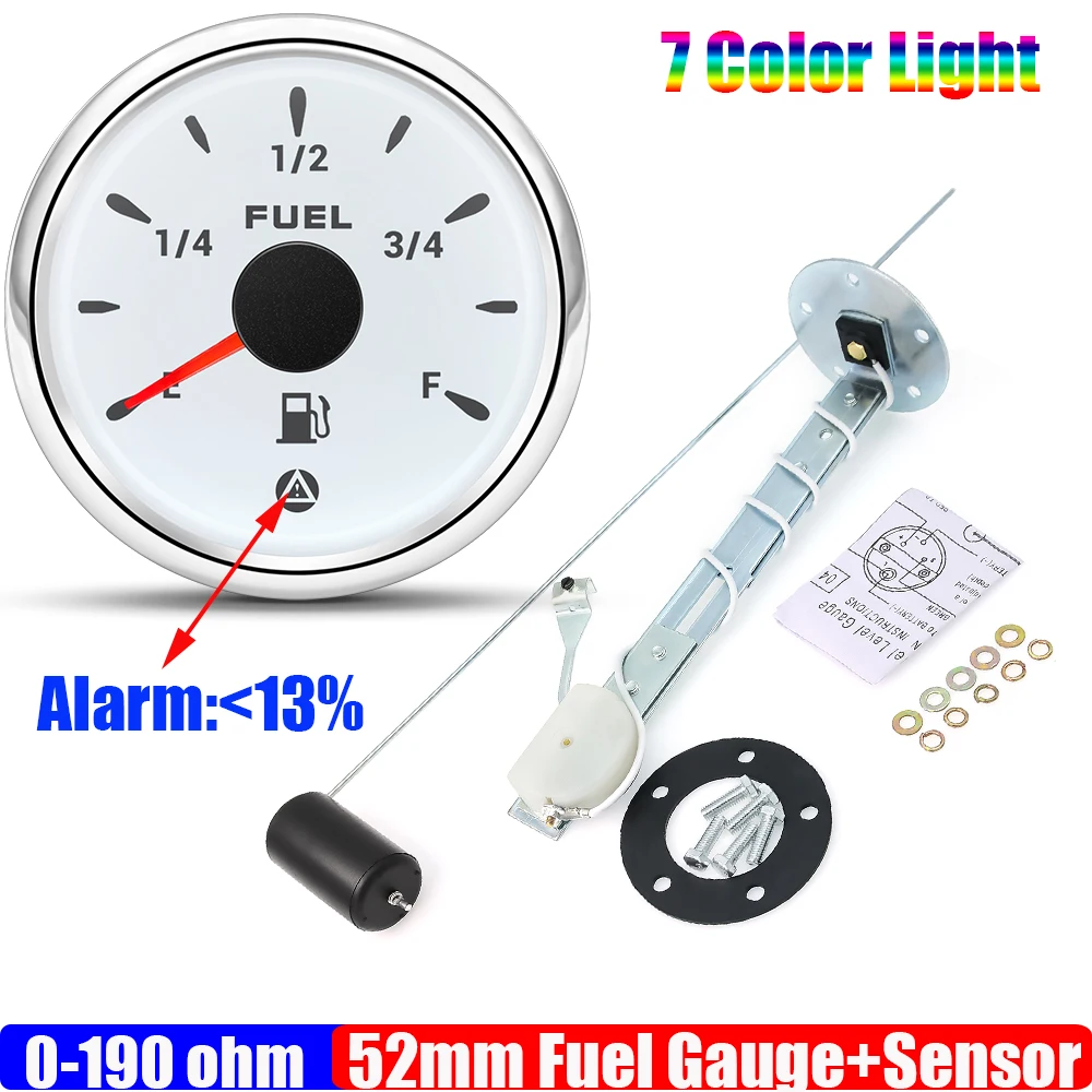 

Auto Car 0-190 ohm Oil Tank Meter Indicator with Flashing Alarm 7 Color Light 52mm Fuel Level Gauge with Sensor for Boat Yacht