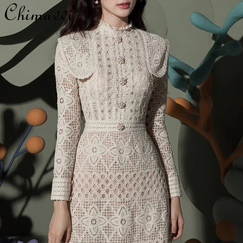 Fashion Dress for Women 2022 Spring Clothes New High Waist Slimming Temperament Long Sleeve Hollow Design Lace Long Dress