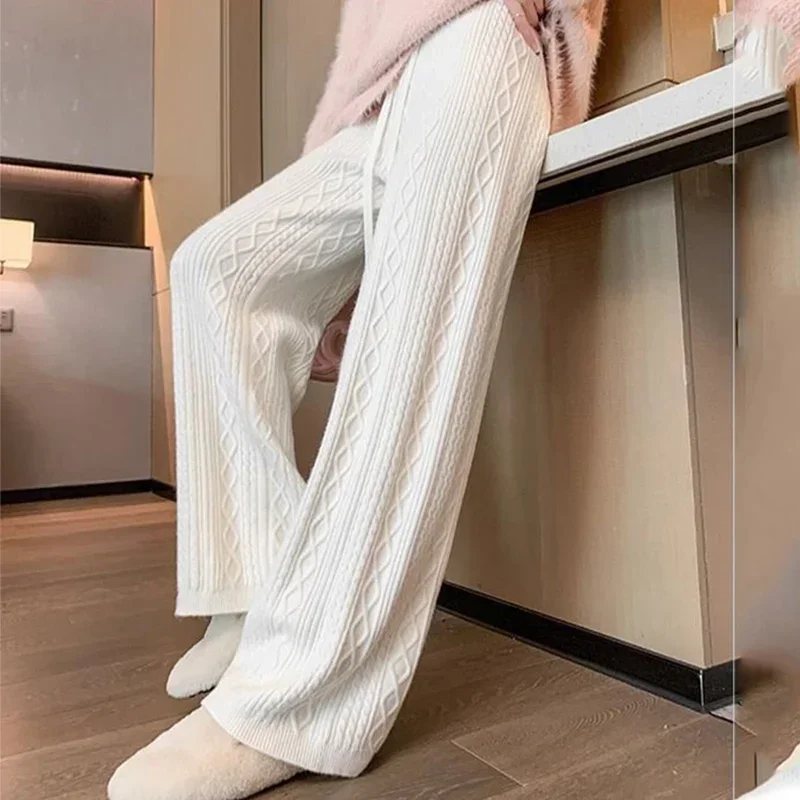 Autumn Winter Warm Knitted Pants Women Korean Elastic High Waist Thicken Trousers Woman Casual Wide Leg Straight Sweater Pants