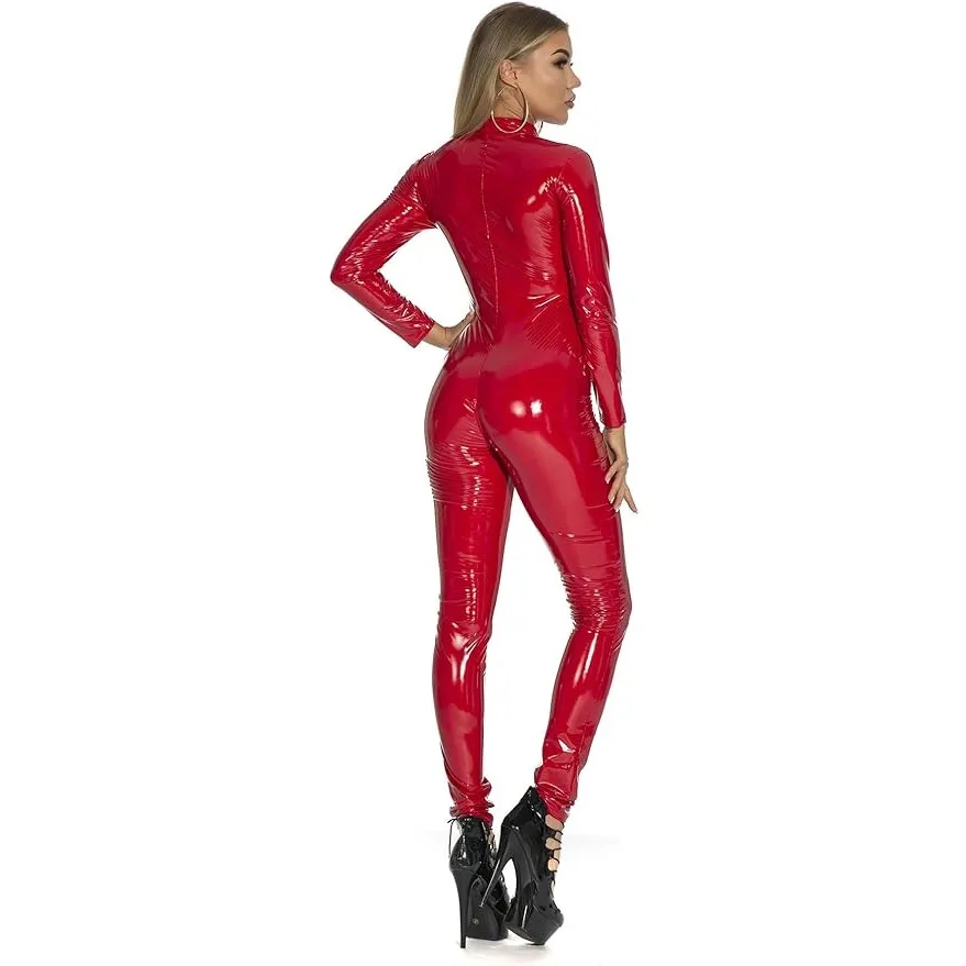 Women\'s Hot Metallic Zip Front Mock Neck Catsuit Bodysuit - Halloween Adult Costume US