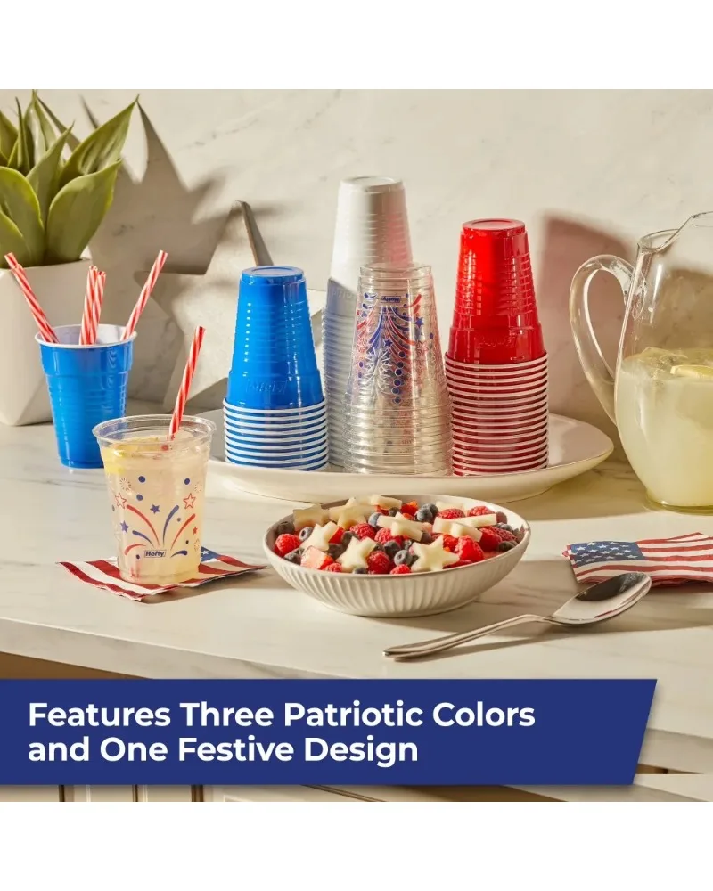 Hefty Party On Disposable Plastic Party Cups, Patriotic Assorted Colors and Festive Print, 16 oz. & 18oz., 80 Count