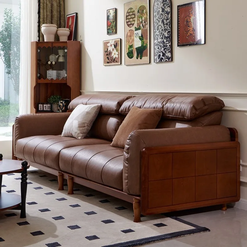 American solid wood sofa combination living room light luxury leather French straight row sofa