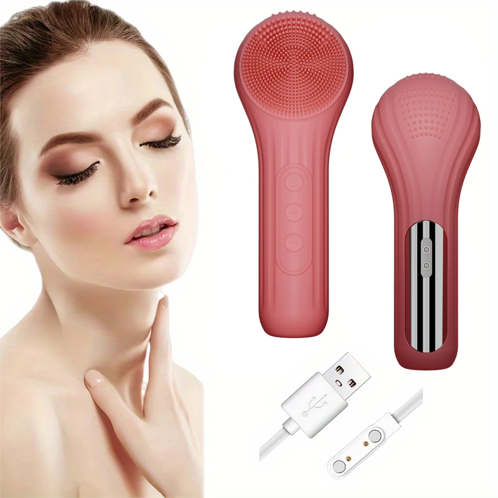 Rechargeable 4 Functional Areas Silicone Electric Facial Cleansing Brush with Heated Massage, Lithium Polymer Battery