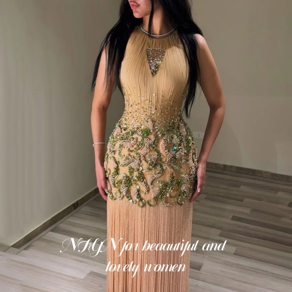 NFYN Champagne Sheath Prom Dress Halter Rhinestone Beaded Evening Gown 3D Floral Long Fringe Luxury Full Party Dress Customized 2