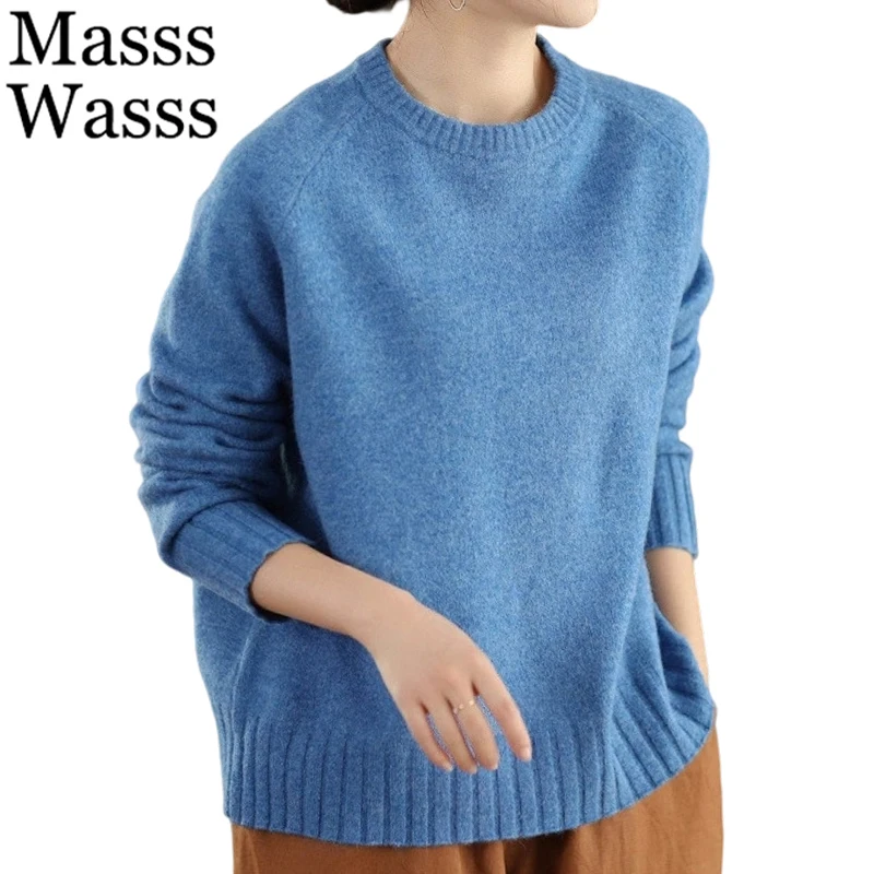 

Mass Wasss 2025, корейский дизайн, зимние джемперы, женские модные свободные свитера, женские повседневные винтажные теплые пуловеры с круглым вырезом большого размера