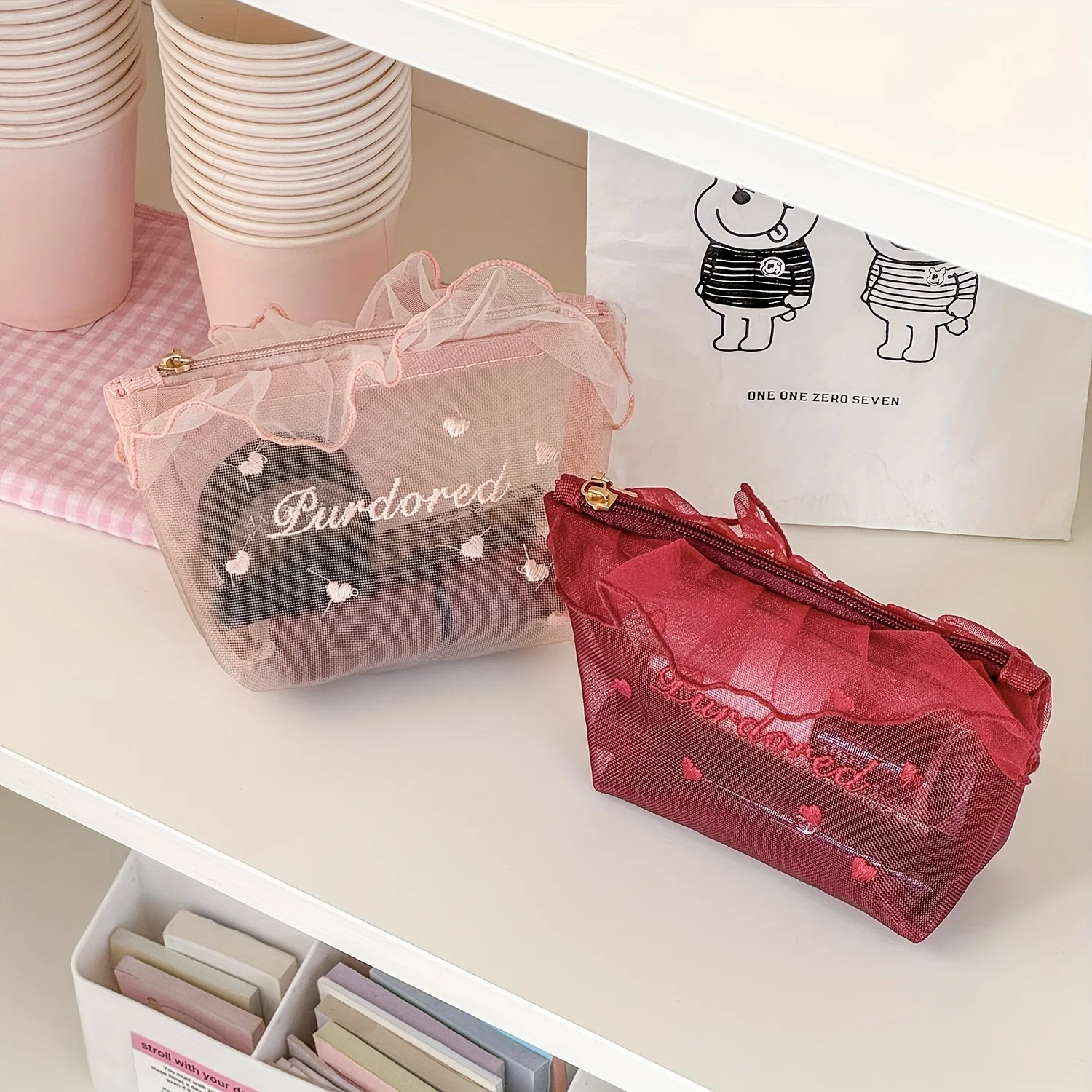 1pc Purified Red Mesh Makeup Bag with Ruffle Detail Love Embroidery  Cute Portable Cosmetic Organizer for Girls Toiletry Pouch