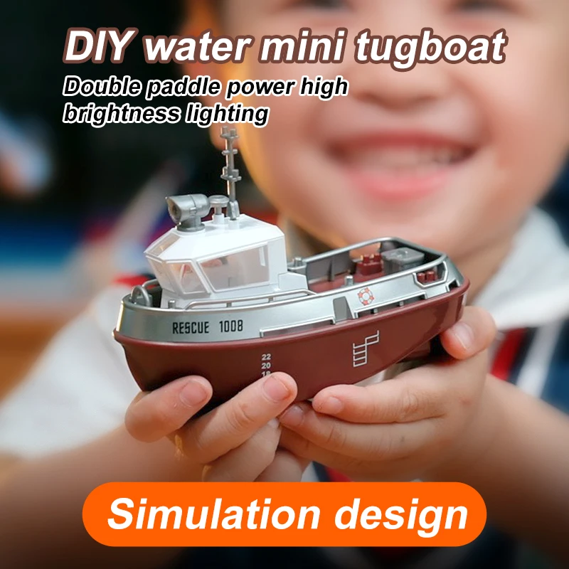 1:32 Mini RC Boat Kids Toy With Rotating Searchlight Dual Propeller Water Induction Start LED Light Simulation Rescue Tugboat