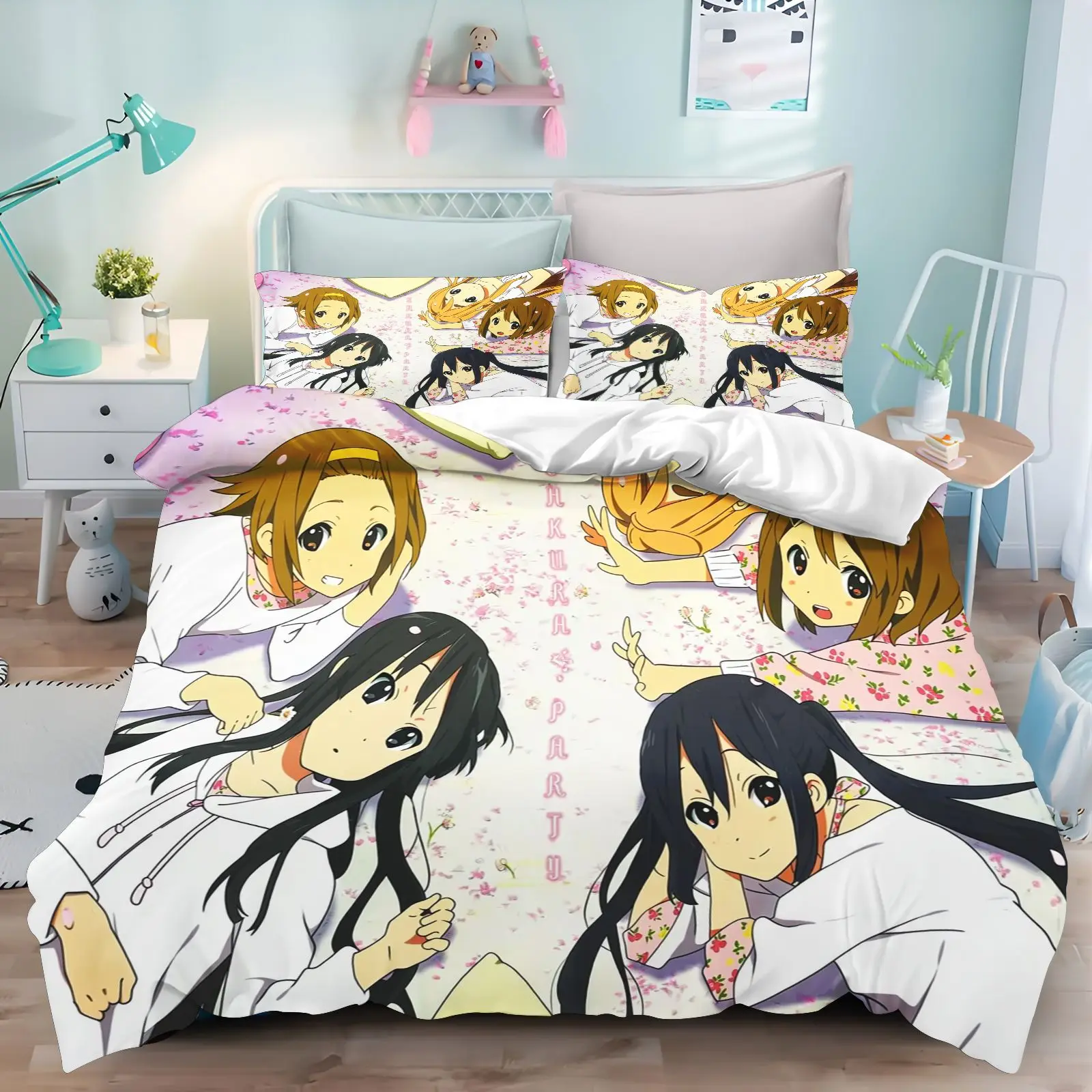 Anime Maid Girls Duvet Cover Set K-ON! Kawaii Pink Bedding Pillowcases Soft Comforter Cover for Girls Women Queen King Size