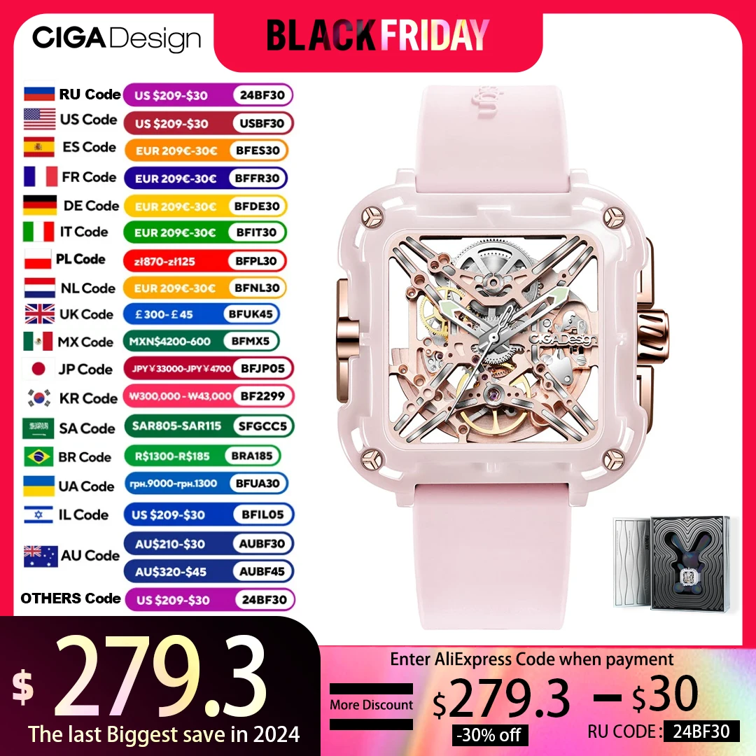 CIGA Design X Series Pink Ceramic Automatic Watch for Women 2024 Fashion Skeleton Mechanical Wrist Watches Soft Silicone Strap