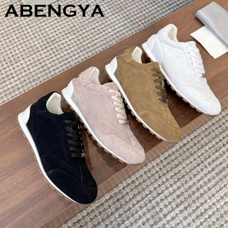 Unisex Casual Sneakers Round Toe Lace Up Couple Shoes Suede Leather Flat Shoes Women Plus Size 35-45 Comfort Trainers Shoes Men