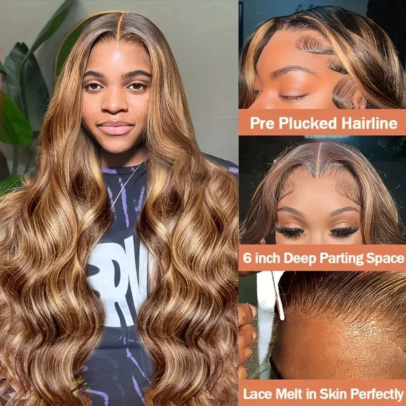12A Front Lace Wig - Women's Middle Part Body Wave Piano Color Long Curly Full Wig