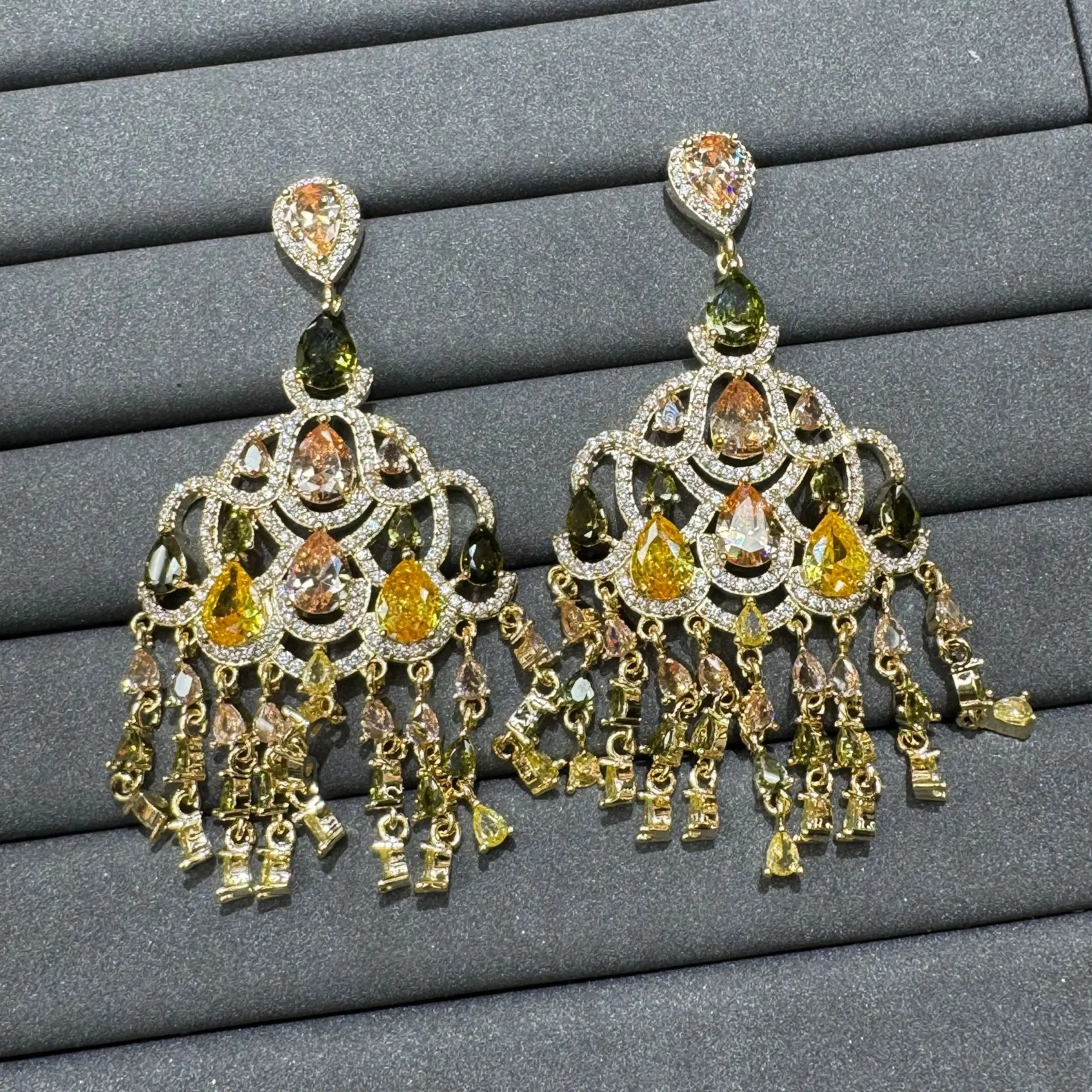 

Ornate Cubic Zirconia Earrings for Women Multicolor Blue Purple Yellow Tassel Chandelier Earrings Wedding Party Anniversary