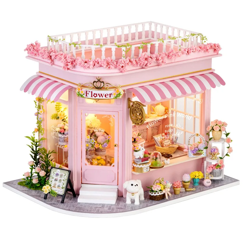 Casa delle bambole in legno fai-da-te Casa per gatti Negozio di fiori in miniatura con kit di mobili Assemblare blocchi Giocattoli per bambini Regalo per adulti Casa