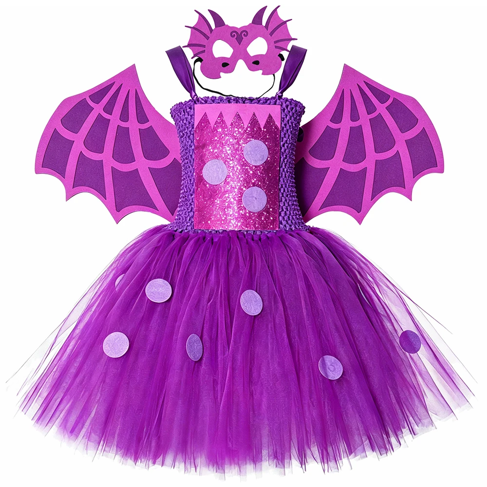 Dragon Dinosaur Costume Kids Purple Tulle Tutu Dress for Girls Toddler Halloween Carnival Party Dress Up Clothes with Wing Mask
