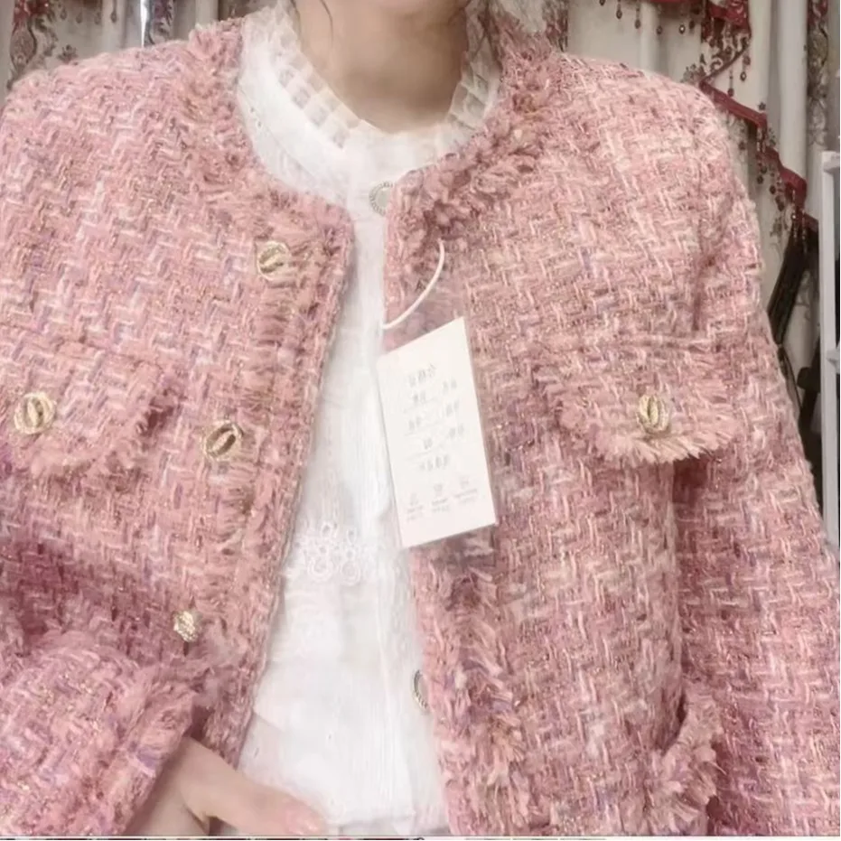 Rosa fofo para baixo jaet feminino inverno novo high-end tweed interior branco du para baixo ort casaco redondo ne fibra de poliéster 00%