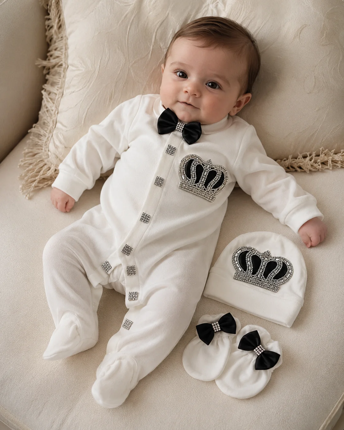 Newborn Rhinestone Crown Footed Romper 3pcs Black White Satin Bow Tie Luxury Outfit Custom Name Baby Photo Shoot Clothes - view 3