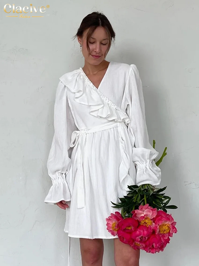 

Clacive Fashion Loose White Women Dress 2025 Casual V-Neck Long Sleeve Mini Dresses Elegant Classic Ruffle Lace-Up Female Dress