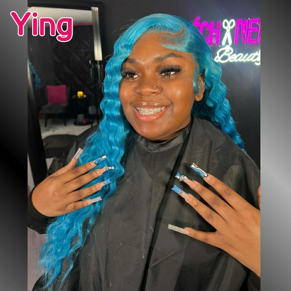 Ying 180% Bright Blue Colored Curly Wave 13x6 Lace Front Wig 5x5 Lace Wig Remy 13x4 Lace Front Wig PrePlucked With Baby Hair