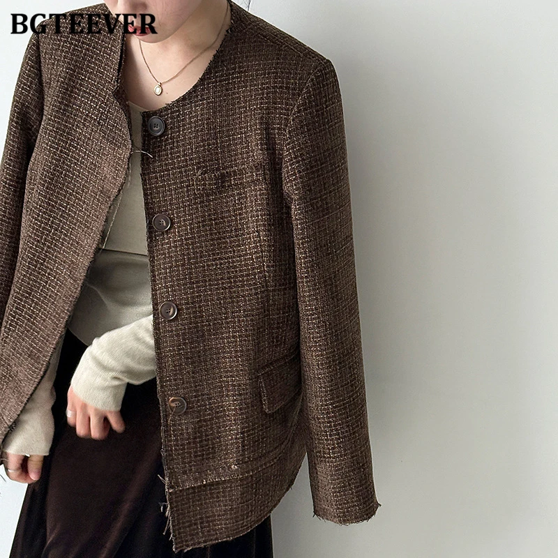 BGTEEVER Stylowe tweedowe marynarki damskie z okrągłym dekoltem, eleganckie, z długim rękawem i kieszeniami, idealne na jesień i zimę.