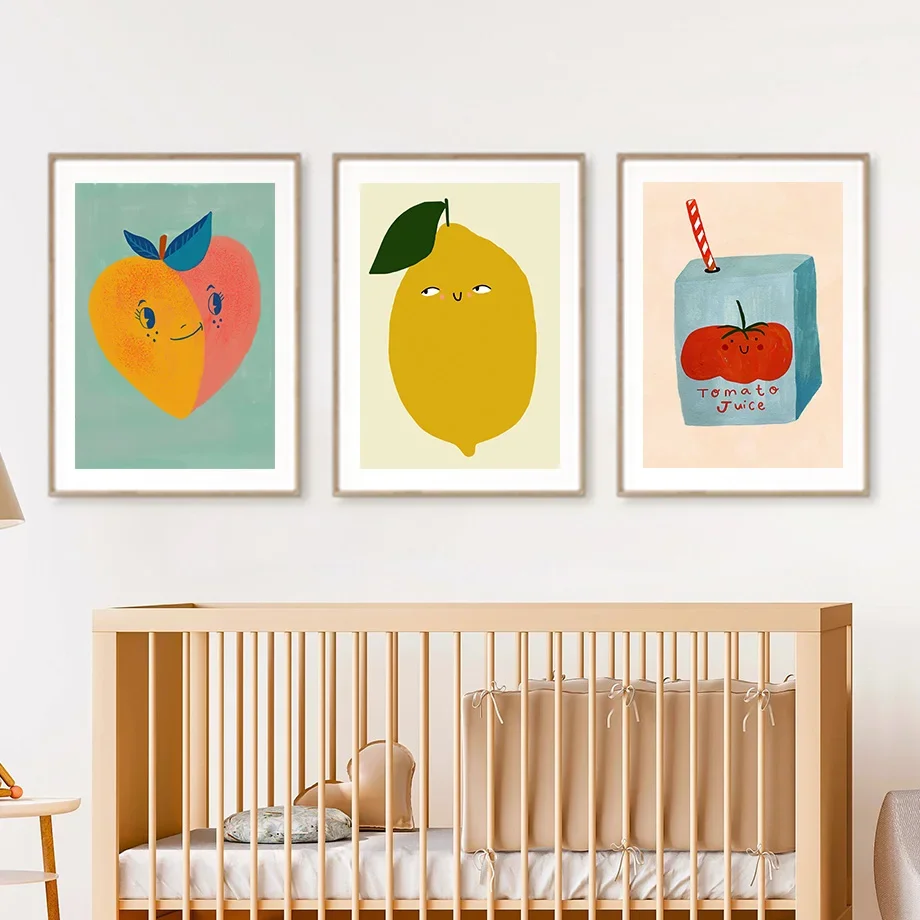 Cute Lemon Cherry Pear Apple Peach Fruit Wall Art Aesthetics Print Canvas Painting Posters for Living Room Modern Home Decor