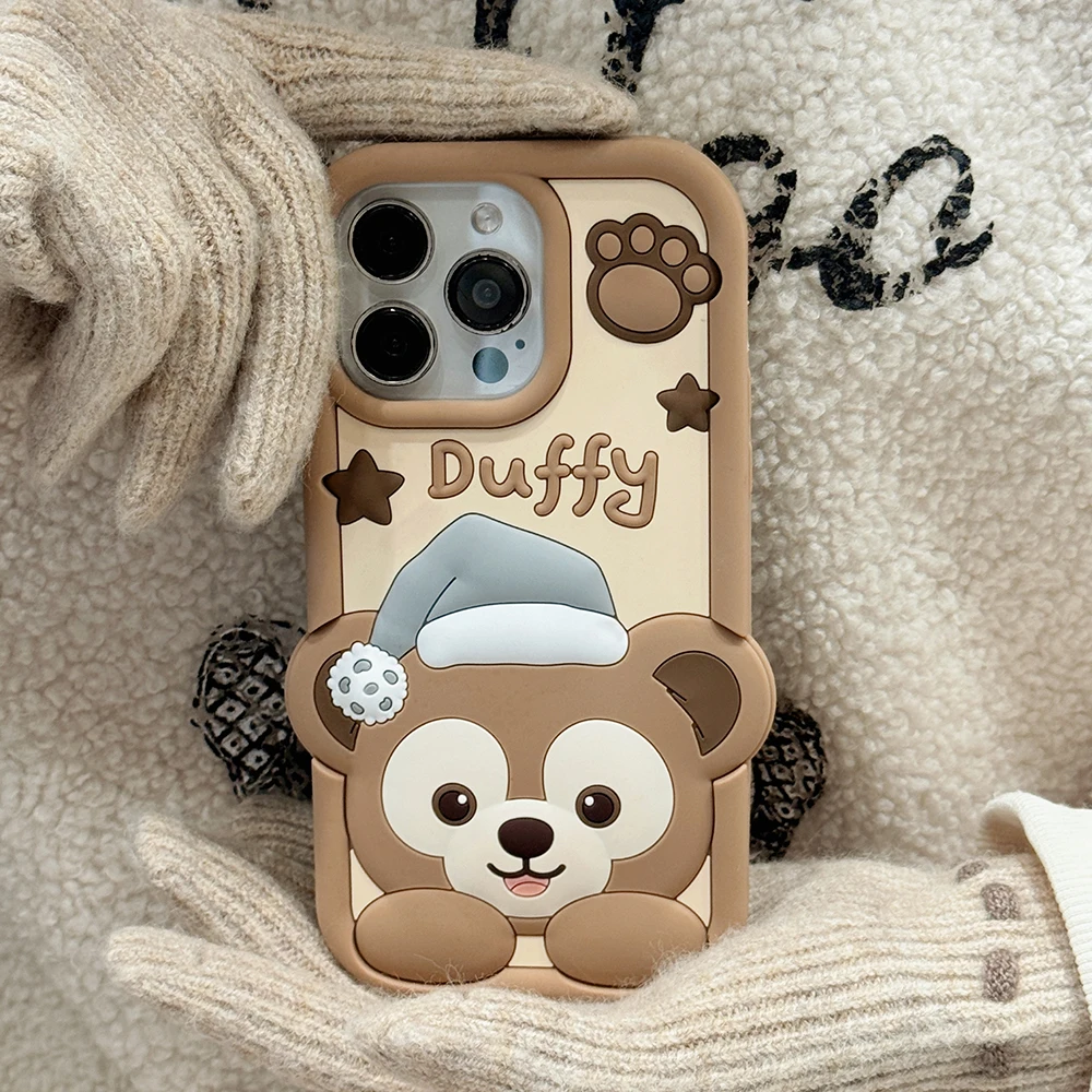 Cute 3D Cartoon Bear Duffy Soft Silicone Cover Phone Case for iPhone 16 15 14 Plus 12 Pro Max 11