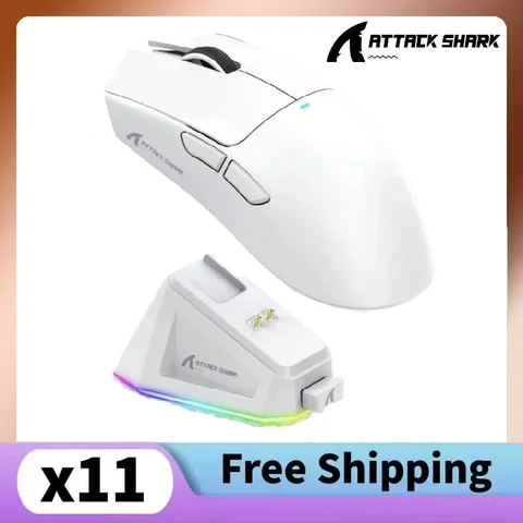 Attack Shark X11 PAW3311 흰색 Bluetooth 마우스, 삼중 모드 연결, 터치 자기 충전 도크, 초경량 게임용 마우스