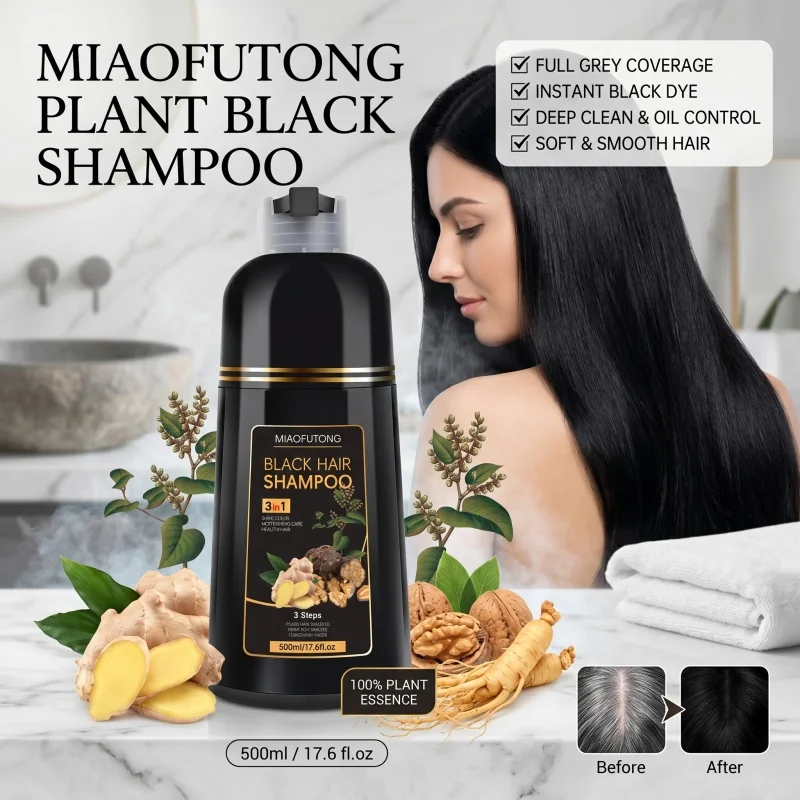 3-in-1 Schwarzes Haarfärbeshampoo für Graues Haar, Kräuter-Haarfärbecreme für Männer und Frauen, deckt weißes Haar ab, pflegende Formel, 500ml