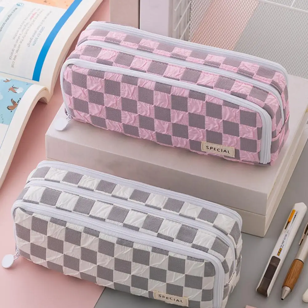 Stationery Organizer School Supplies Capacity Checked Pattern Pencil Case with 3 Compartments Color Matching for Organization