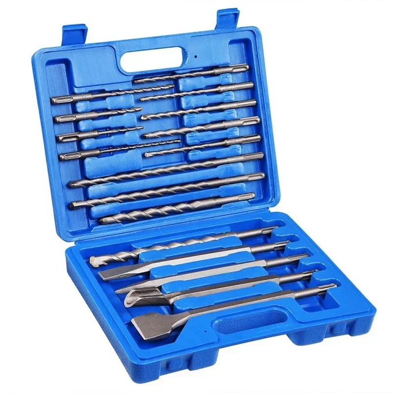 17pcs Round Handle Impact Electric Hammer Drill Bit Chisel Plastic Box Set Concrete Point Flat Chisel Drilling Grooving with Box