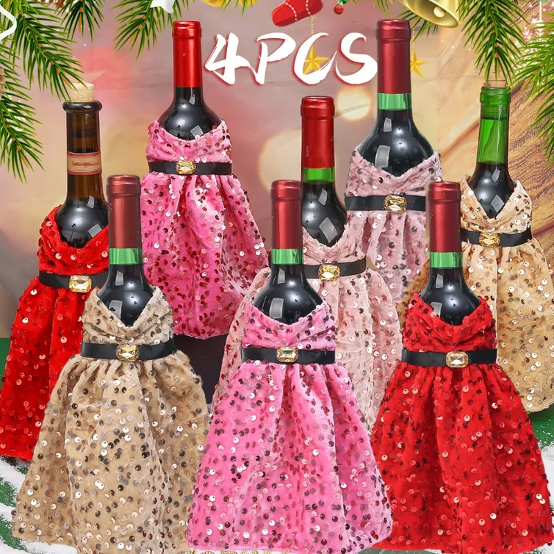 New Sequined Wine Bottle Covers Color Dress Wine Bottle Dust-proof Bag Xmas Dinner Table Decoration Supplies New Years Gift