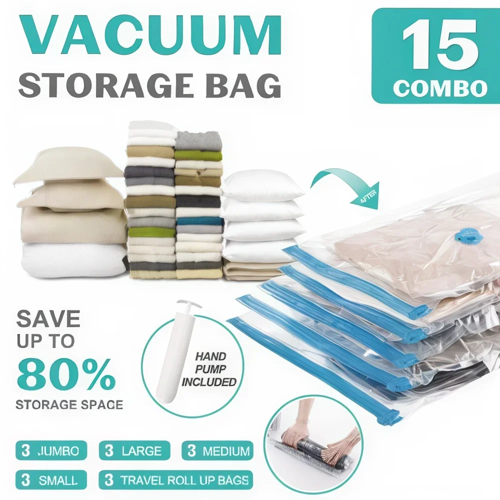 15 Pack Vacuum Storage Bags  Space Saver Vacuum Seal Bags for Clothing Compression for Travel Luggage Clothes with Hand Pump