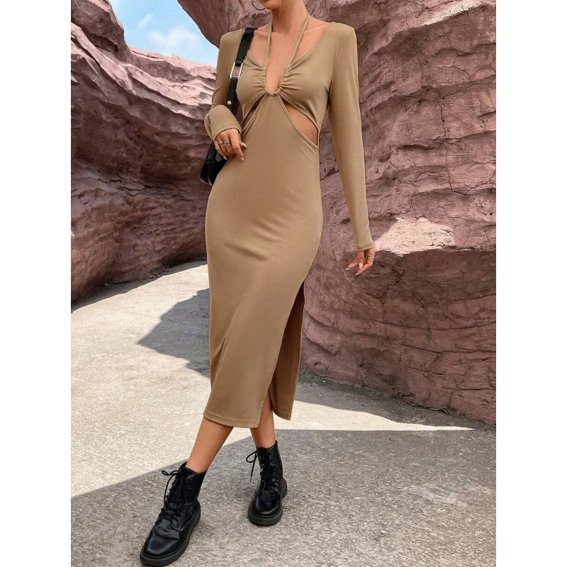 

YQ1-Women's Autumn Winter New Sexy Hollow Out Slim Fit Bodycon Long Sleeve Elegant Dress