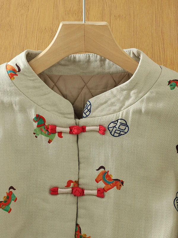 Damski płaszcz retro z bawełny z nadrukiem, zimowy, ocieplany, ze stójką, zapinany na guziki, długi płaszcz w kwiatowy wzór, tradycyjny...