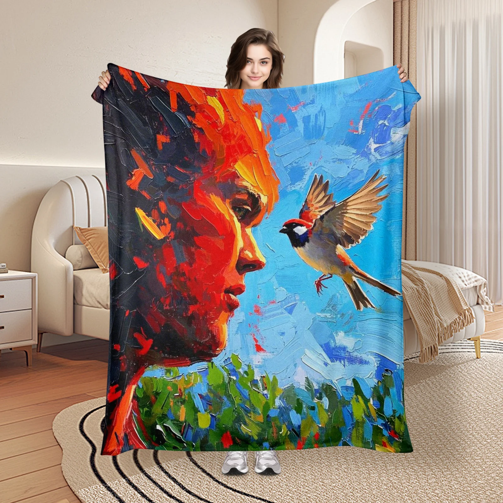 Giant Sparrow Blanket Red Theme Blue Sky Design Cozy Throw For Home Decor Gift Idea Whimsical Nature Inspired Art Style