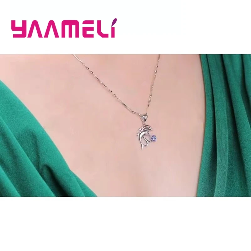 925 Sterling Silver Color Bridal Jewelry Sets Dolphin Design Crystal Necklaces Hoop Earrings Women Girls Engagement Anniversary