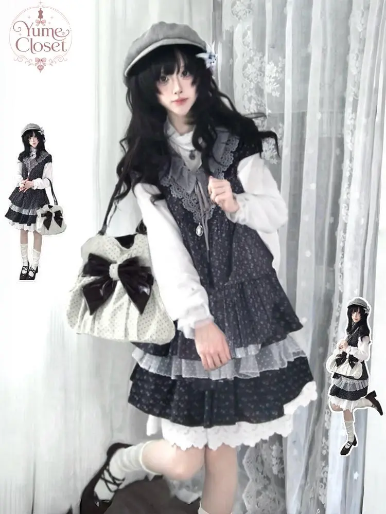 Japanese Vintage Gothic Lolita 3 Piece Dress Set Women Lace Bow Polka Dot Ruffle Hem Slim Fit Mini Dress Casual Daily Outfit