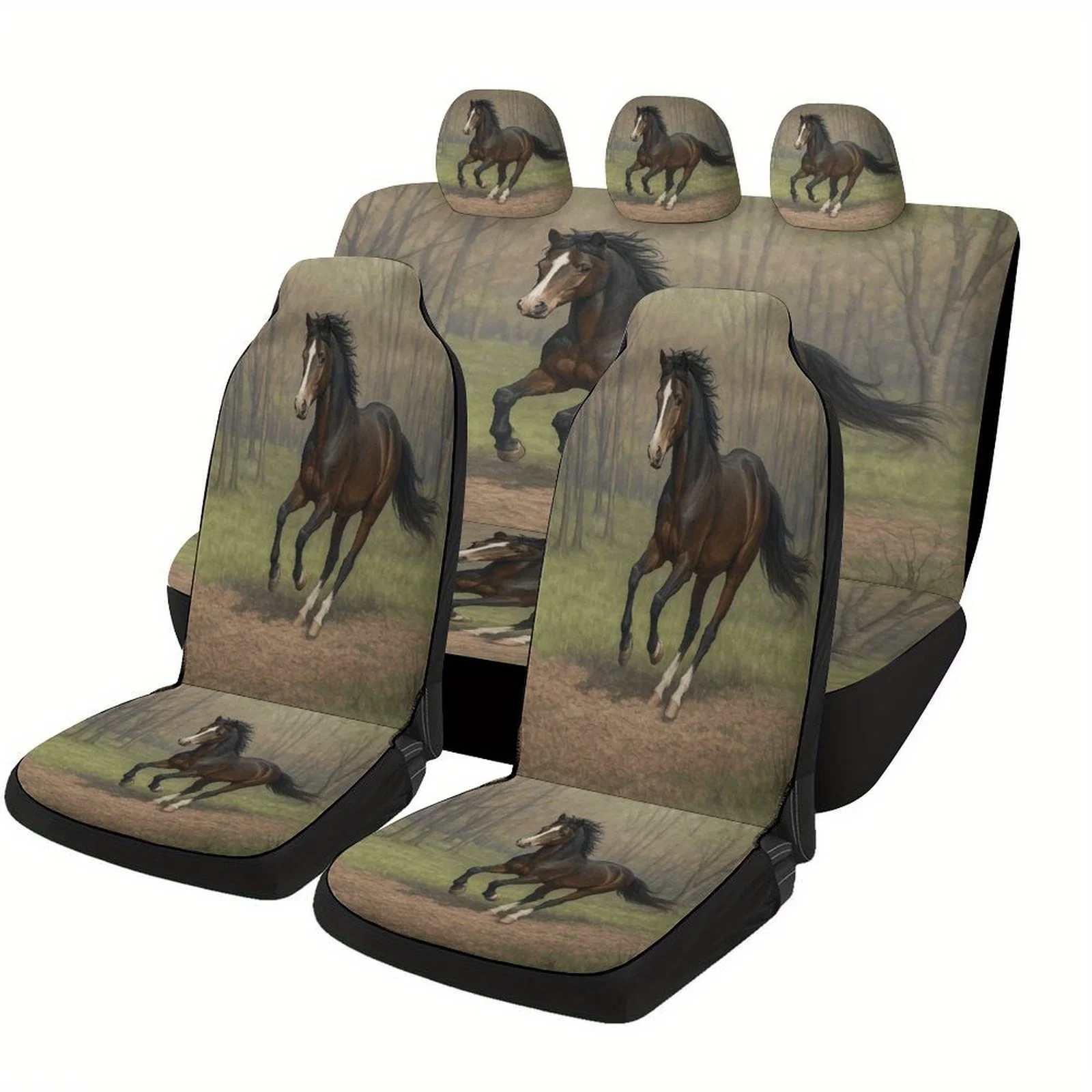 Brown Horse Galloping In Forest Designed Car Seat Cover Set For Most Cars, High-quality Comfortable Car Seat Protector Covers Fu