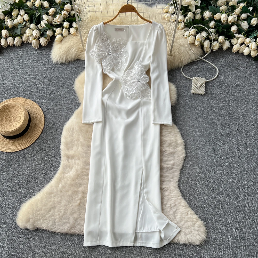 ชุดเดรสยาวปักลายสไตล์วินเทจเก๋ไก๋ แฟชั่นเกาหลี เสื้อผ้าผู้หญิงสำหรับฤดูใบไม้ร่วง ชุดสำหรับงานพิธี