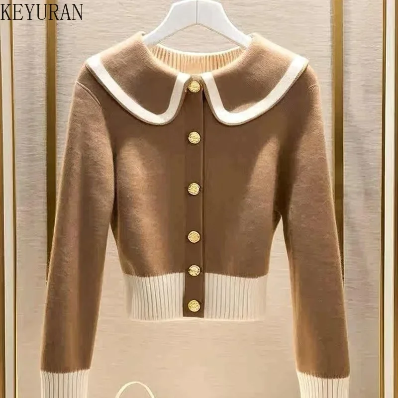 Autumn Winter New Chic Doll Collar Sweaters Women Clothing Vintage Temperament Elegant Slim Commute Long Sleeve Knitted Cardigan