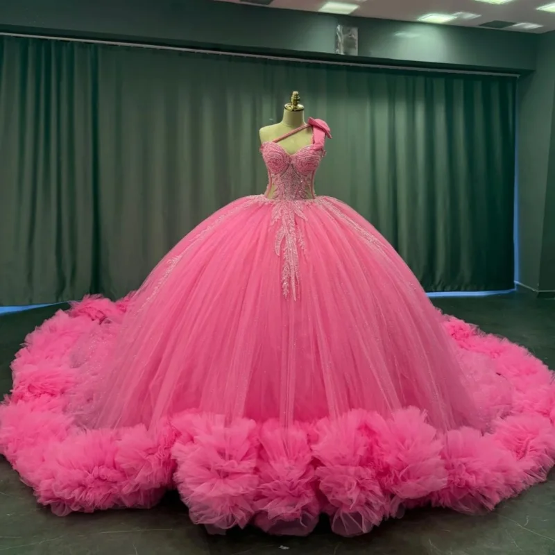 

Customized Shiny Pink Quinceanera Dresses Off the Shoulder Sequin Lace layering crystal Long tail Vestido De 15 Quinceanera