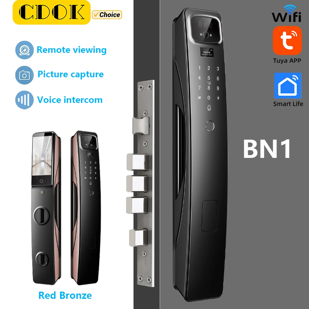 CDOK BN1 Tuya WiFi Fully Automatic Smart Lock, Voice Intercom, Remote Visual, with Cat-Eye Camera