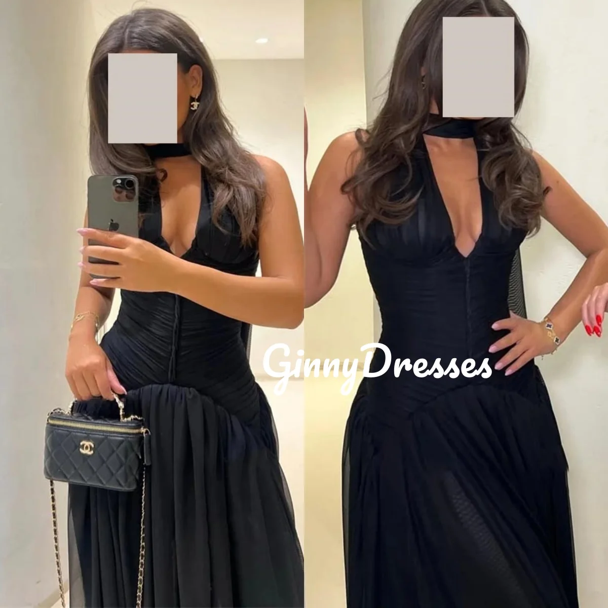 Gaun Malam Mewah Model A-Line Kerah V Dalam Berdetail Ruffle Hitam, Panjang Menyentuh Lantai Tanpa Lengan dengan Ritsleting, Vestidos De Festa 2025