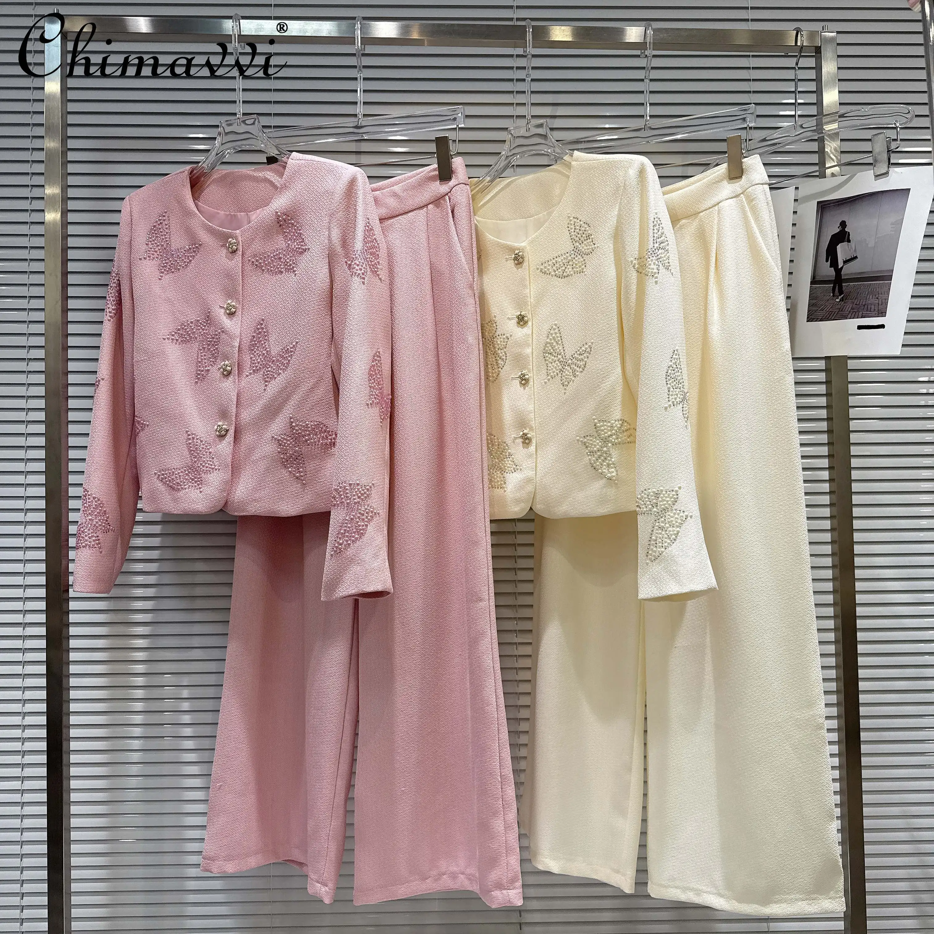

2025 Autumn New Fashion Butterfly Rhinestone Long Sleeve Woolen Short Coat + Wide-Leg Pants Long Pants Set Women's Two-Piece Set