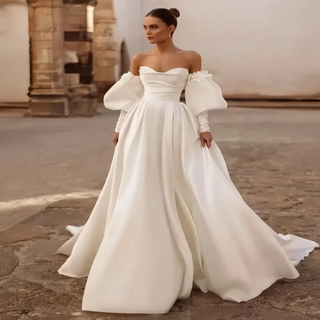 Suknia Ślubna Satynowa Grace na Zamówienie, Seksowna, Odkryte Ramiona, Dekolt w Serek, Bufiaste Rękawy, Suknie Ślubne z Kwiatami, Vestido De Noiv