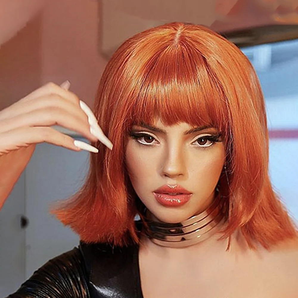 

Colored Fringe Bob Wigs Ginger Orange Wig with Bangs for Women Short Straight Human Hair Wig Halloween Cosplay 350# Colorful Wig