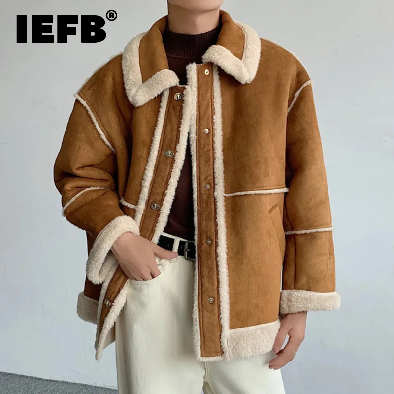 

IEFB Autumn Men's Faux Fur Jackets Thickened Metal Button Cotton Coat Trend 2024 Contrast Color Fashion Clothing Winter 24X3087