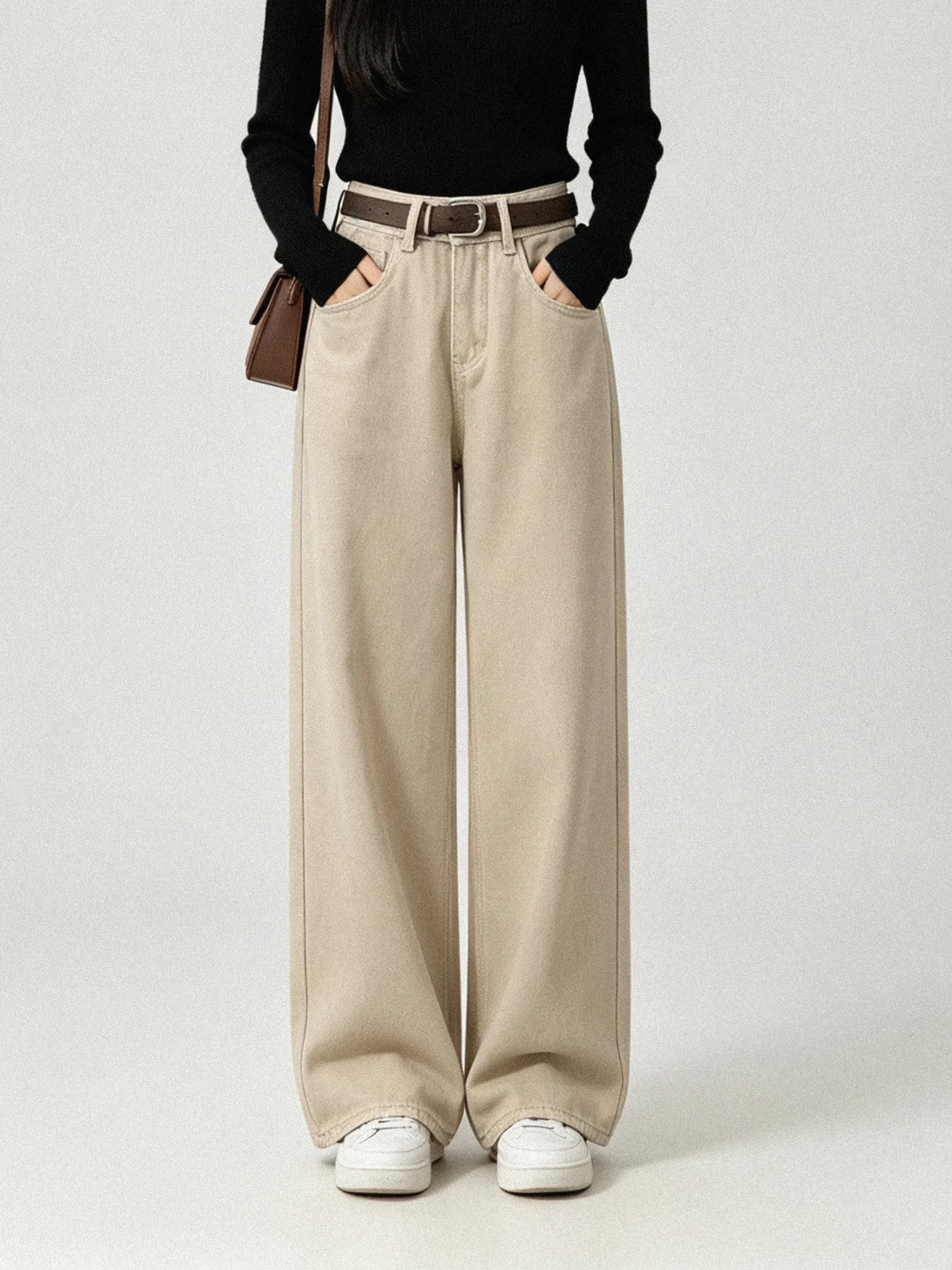 High Waist Wide Leg Jeans Casual Washed Denim Slimming Loose Fit Korean Style Multi Pockets Deep Color Resistant to Deformation
