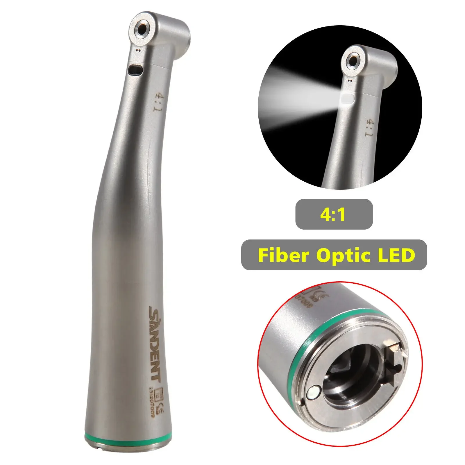 NSK Style Dental Low Speed 4:1 Reduction Fiber Optic Led Contra Angle Handpiece For KAVO Electric Motor